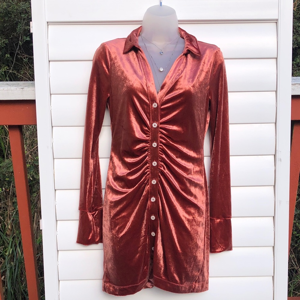Free People Copper Rust Metallic Button Ruched Long Sleeve Dress
